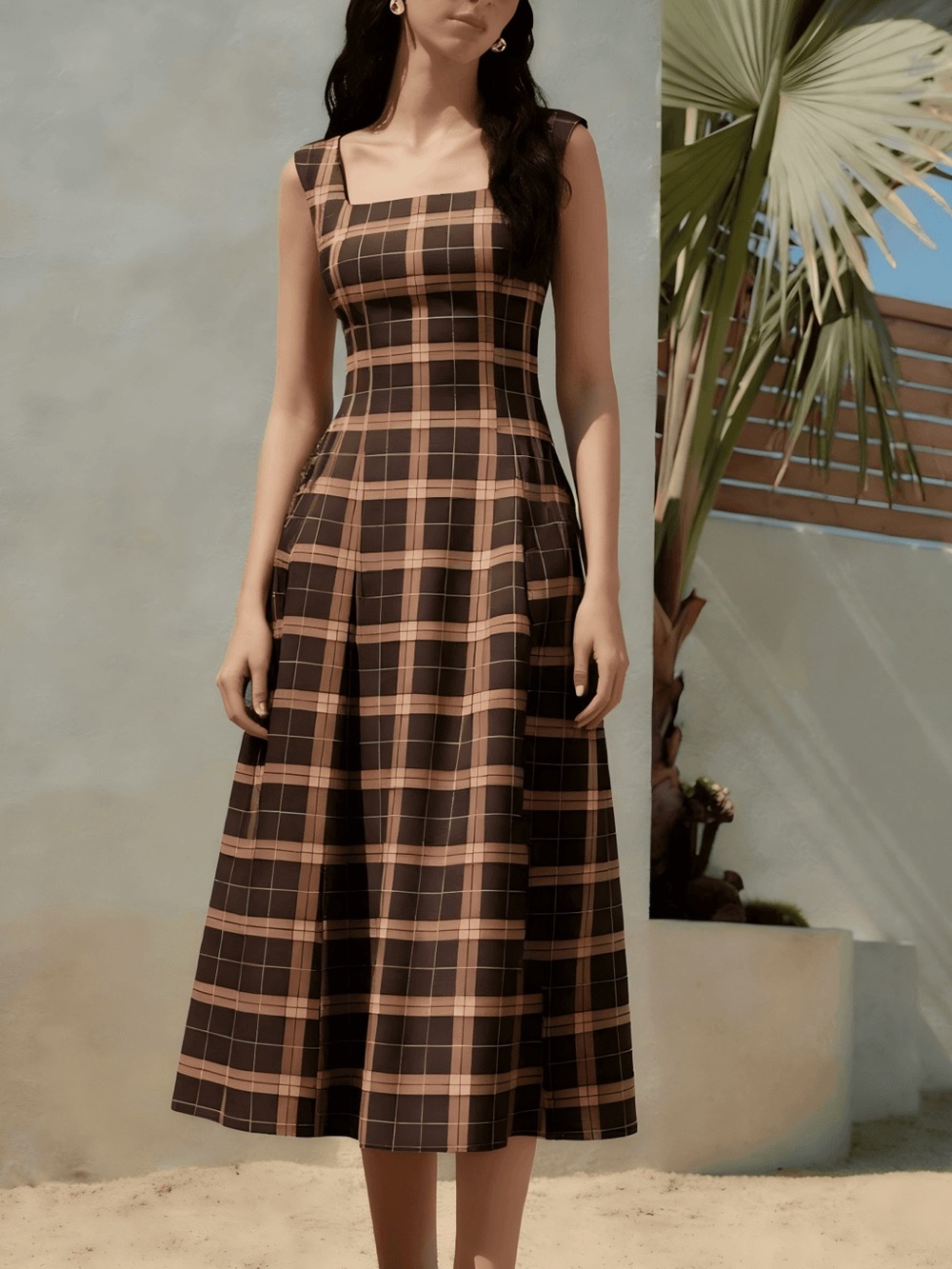 Square Neck Plaid Midi Dress